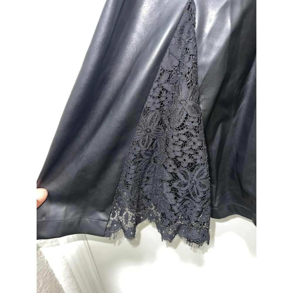 Venus Black Faux Leather Lace Trim Midi Dress Button Front Elastic Waist Size 18 - Picture 8 of 12